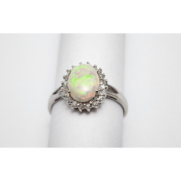 Beautiful 14K Karat Solid White Gold Designer White Opal & Diamond Ring - Size 7 - Picture 2 of 16